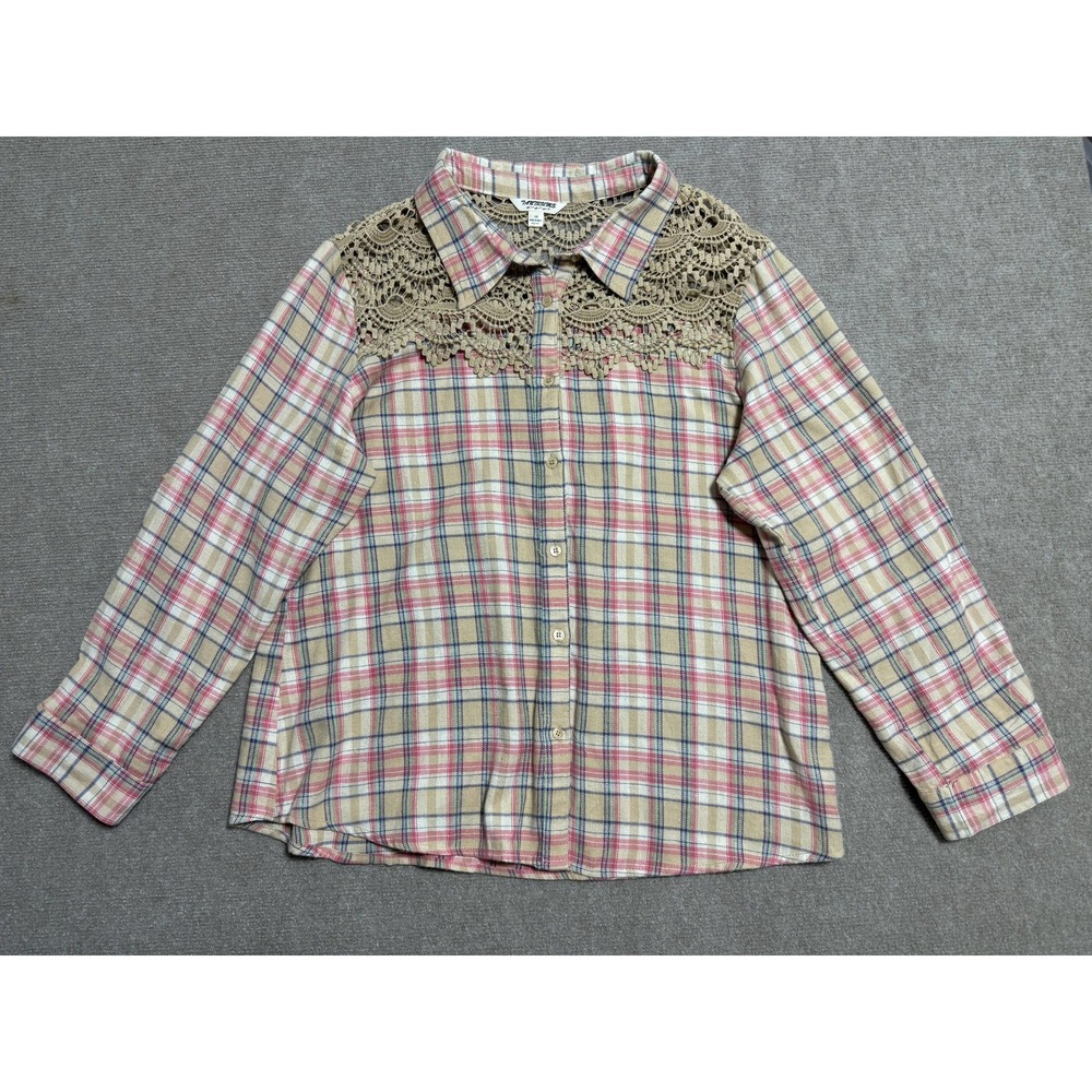 Tantrums Shirt Womens 1X Pink Beige Plaid Button Down Crochet Yoke Boho Top